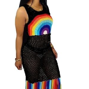 Women's Black Rainbow Printed Tassel See Through Mesh Beach Cover Up